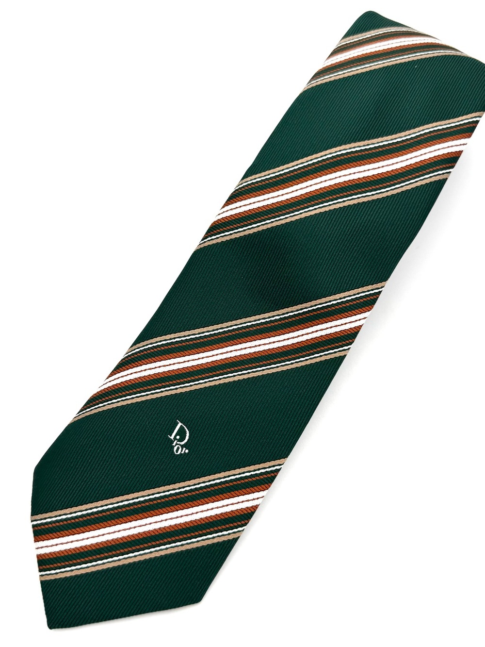Vintage 70s Christian Dior Men's Striped Polyester/Silk Neck Tie Green Rust Tan